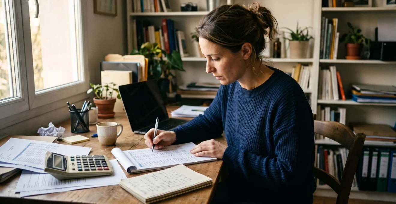 Jeune créatrice d'entreprise travaillant sur son prévisionnel budgétaire avec documents papier et calculatrice sur un bureau simple