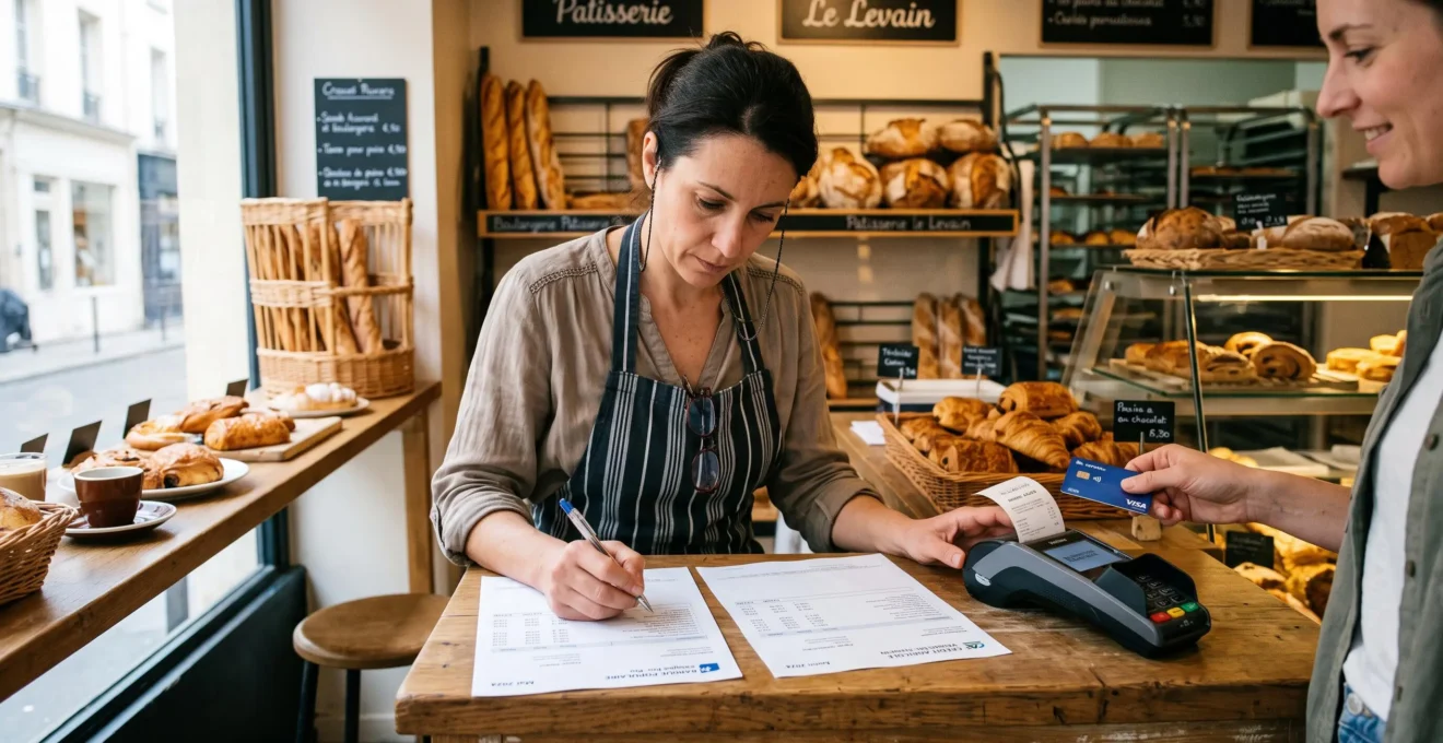 Une commerçante compare deux relevés bancaires pendant qu'un paiement par carte est encaissé.