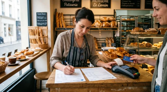 Une commerçante compare deux relevés bancaires pendant qu'un paiement par carte est encaissé.